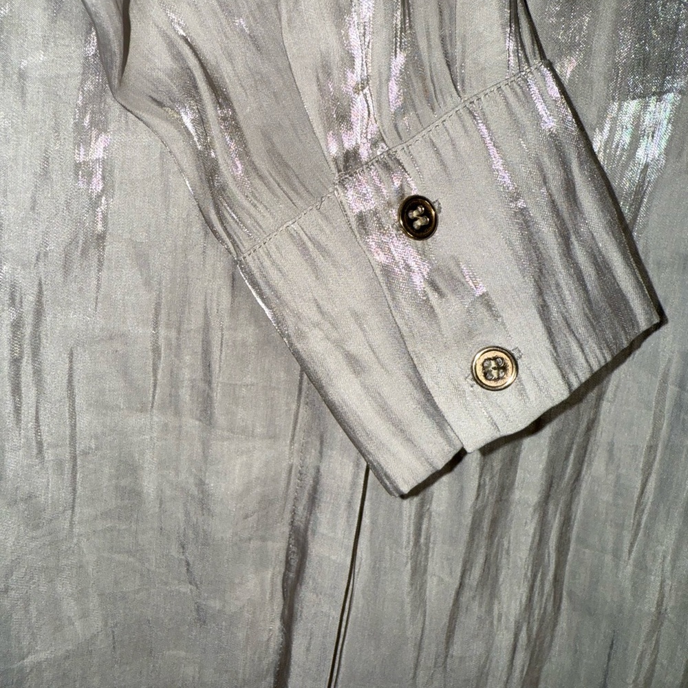 Chico's 2 XL Metallic Soft Gray Button-Down Shirt - Picture 4 of 7